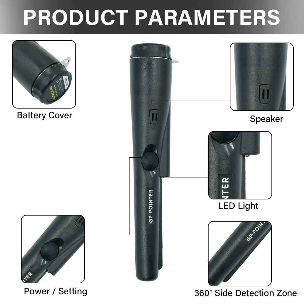 เครื่องตรวจจับโลหะแบบพกพาคุณภาพสูง GP-pointer กันน้ำ พร้อมแท่งระบุตำแหน่งและไฟ LED แบบสายรัดข้อมือ