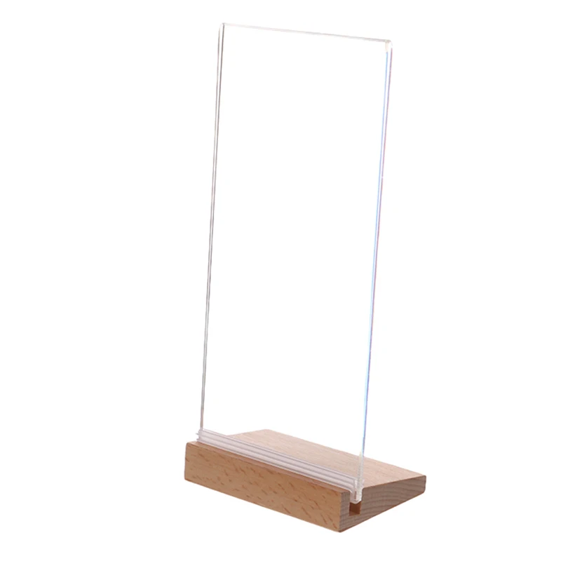 3 Size Transparent Acrylic Frame Sign Holder Display Stand Wooden Bottom Double Sided Photo Picture Frames Desktop Ornament