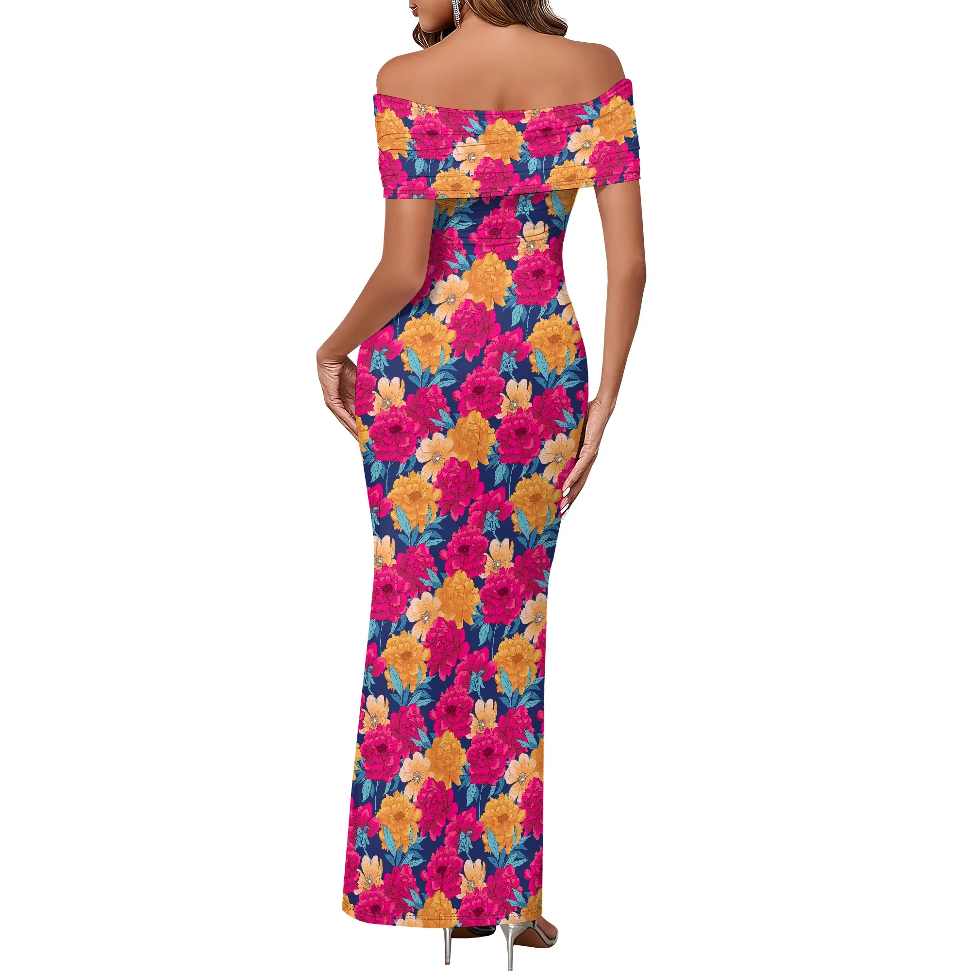 Women's Off Shoulder Long Dress XS-3XL Floral Print Strapless Comfortable Elegant