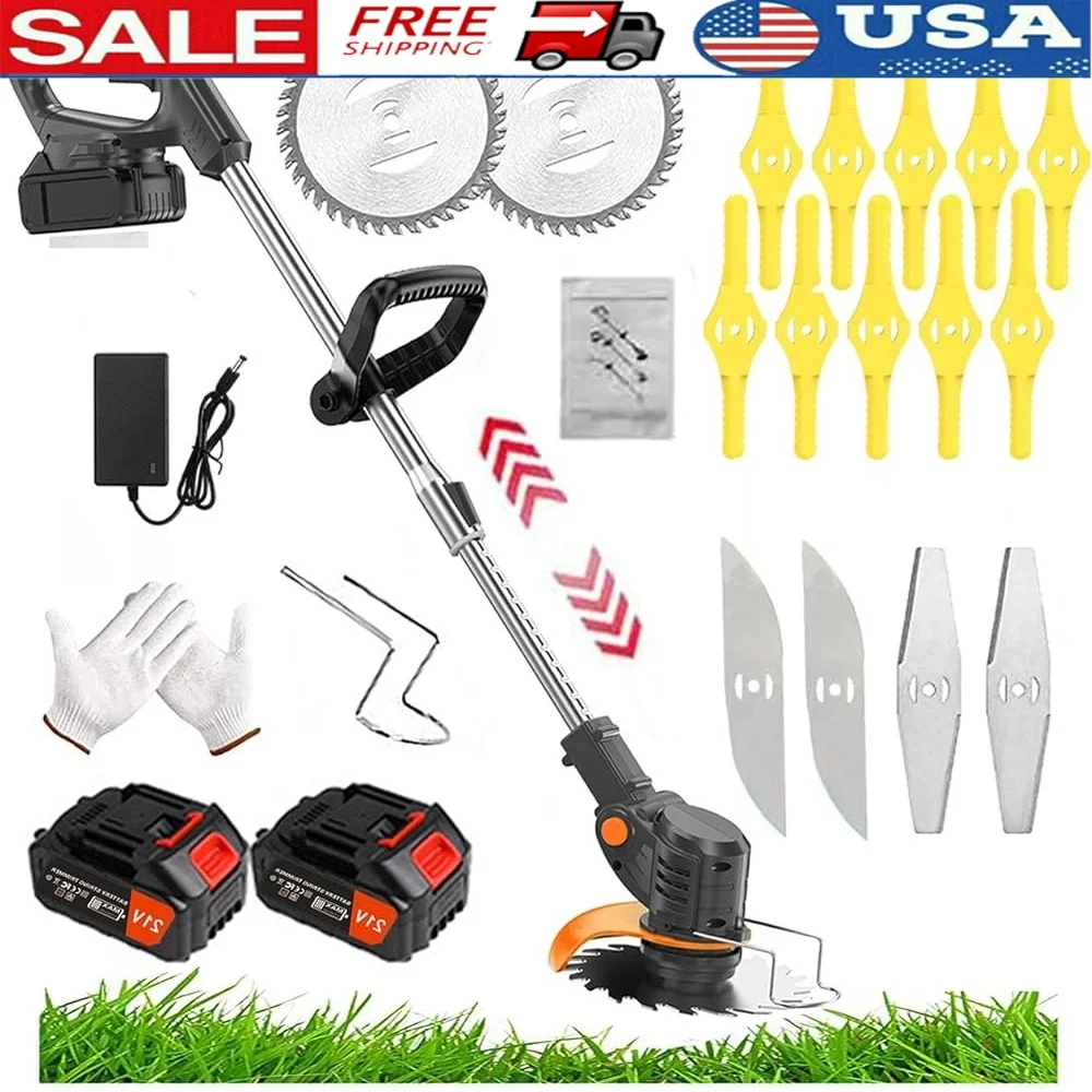 

Cordless Lawn Mower with Battery Charger 21V Lawn Trimmer Edger 2X 2Ah Li-Ion Batteries Adjustable Angle 3 Cutting Blades