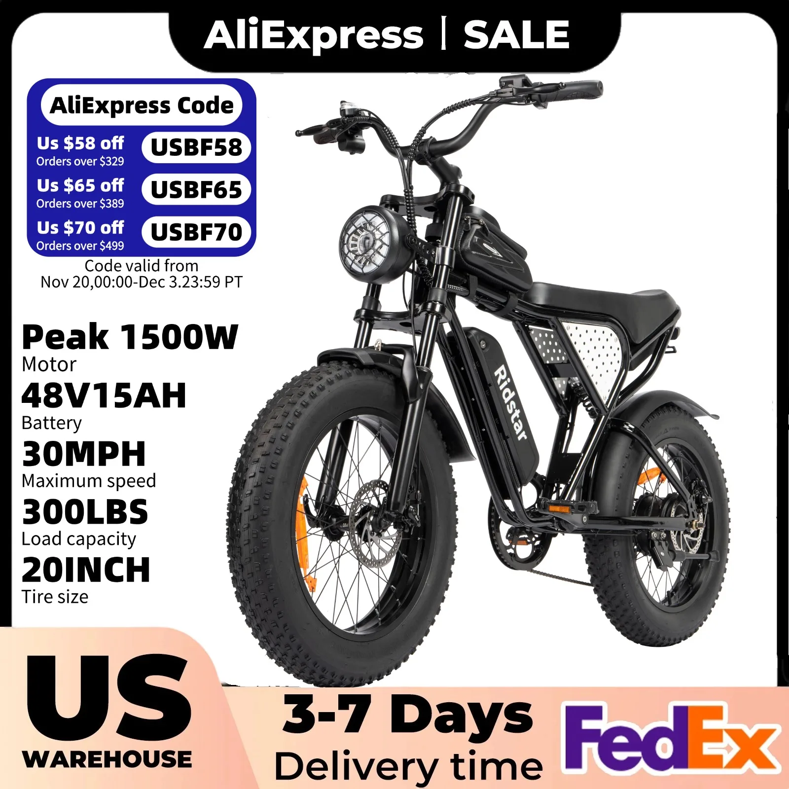

Ridstar Q20mini Electric Bike for Adults 1500W Motor 48V15AH Lithium Battery 30MPH Electric Motorcycle 20x4" Fat Tire Snow Ebike