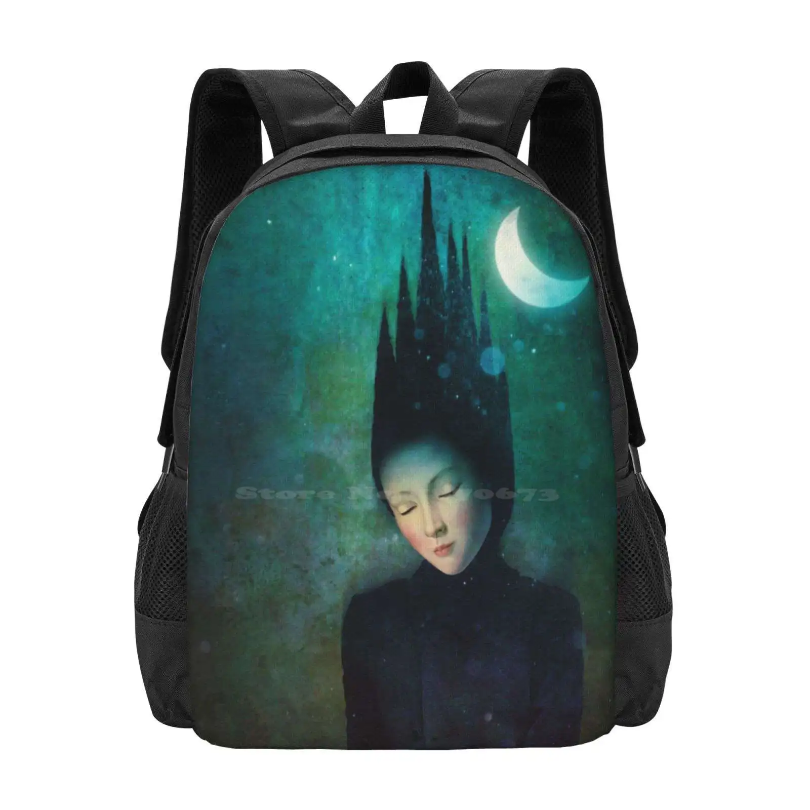 Moonlit Night School Bags Travel Laptop Backpack Moon Night Light Dream Inner World Woman Feeling Green Surreal Christian