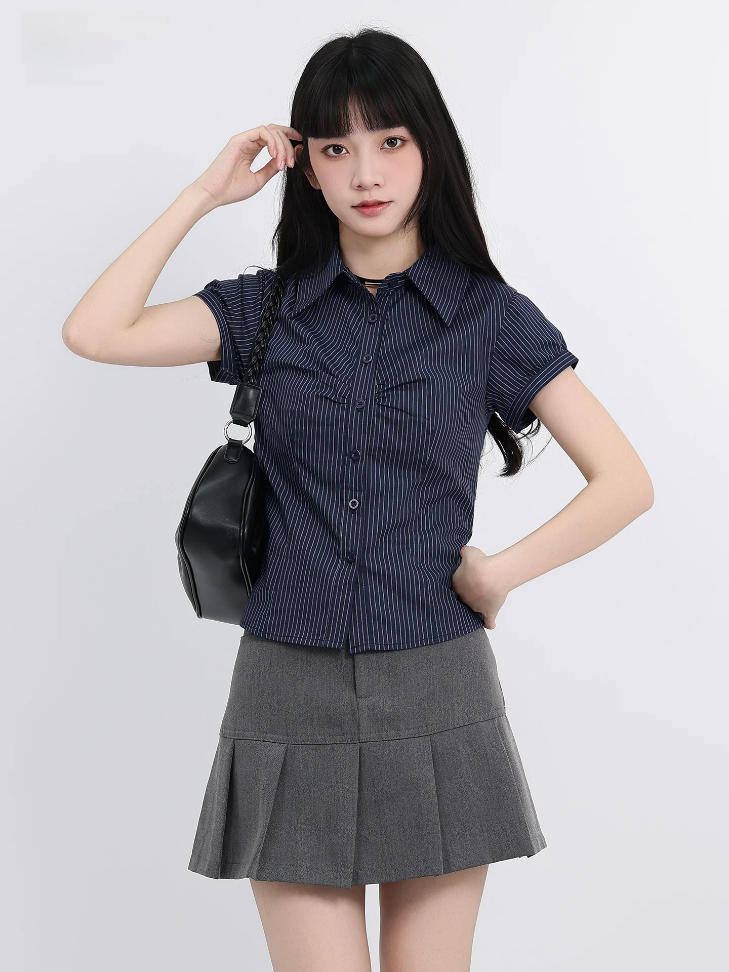 Korean Sle Commuter Retro k Blue Striped ort Sve  irt Women's Summer New Folded oulder Regular Fit irt