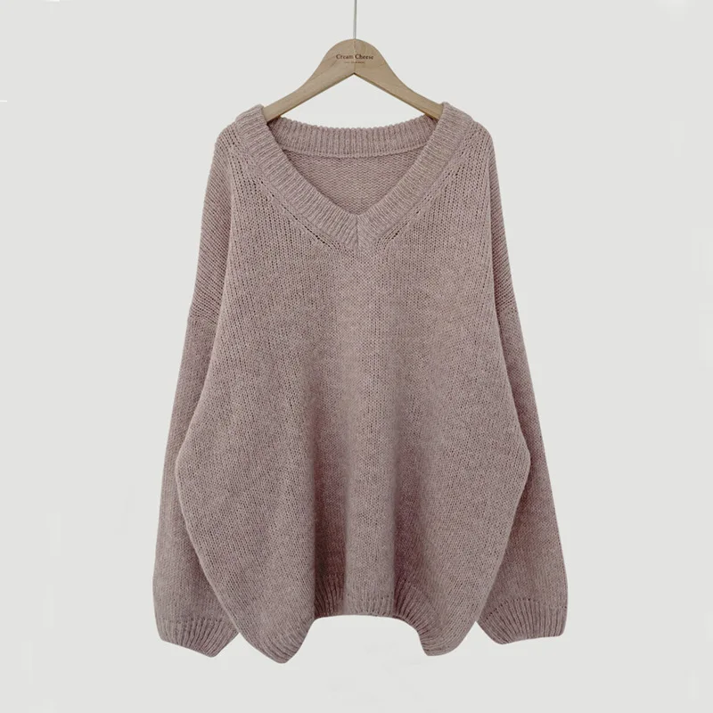 Idle Style Loose V-neck Pullover Mid-Length Outer Wear Underwear Long Sleeve Thermal Sweater Women Wholesale