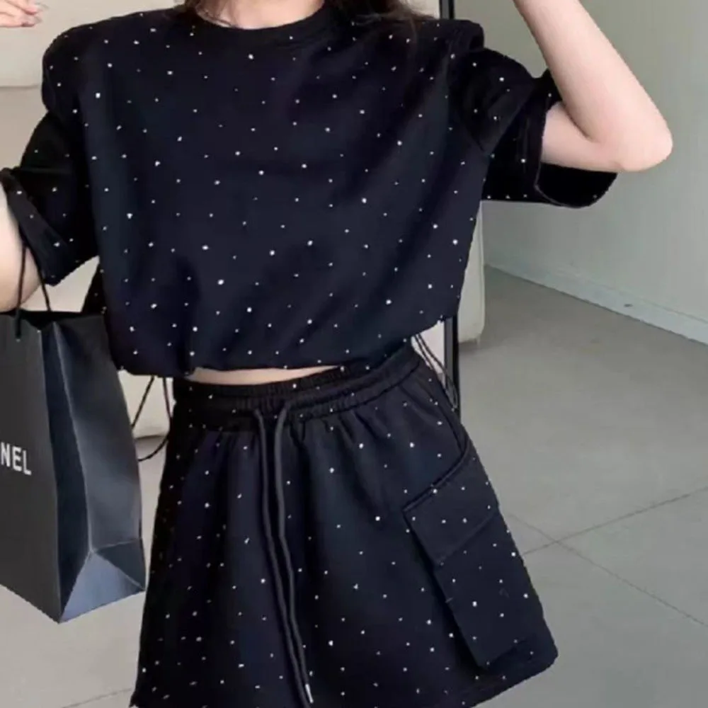 2024Summer Tracksuit Two Piece Sets for Women Fashion Diamond Short Sleeve T Shirt + Elastic Waist Mini Skirt Casual Y2k Outfits