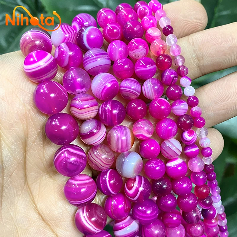 Natural Stone Banded Magenta Lace Agates Round Loose Beads for Handmade Jewelry Making DIY Bracelet 4/6/8/10/12/14mm 15\