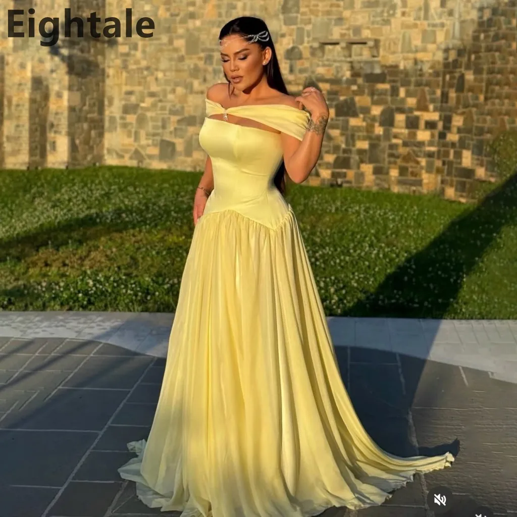 

Eightale 2025 Yellow Chiffon Off Shoulder Maxi Evening Dress Saudi Arabic Prom Party Dress Formal Gowns Customized