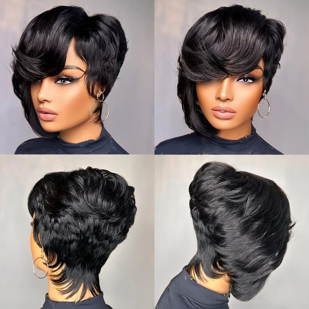 짧은 인모 가발 픽시컷 가발 브라질리언 헤어 스트레이트 가발 여성용 미리 뽑은 모발라인 머신메이드 캡 자연스러운 움직임 탈모 없음