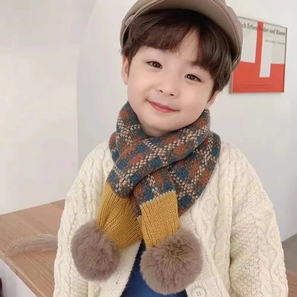Soft Pompon Trim Plaid Knitted Scarf Warm Thicken Fabric Stripe Pattern Warm Neckerchief Warm Neck Cover Winter Knit Scarf