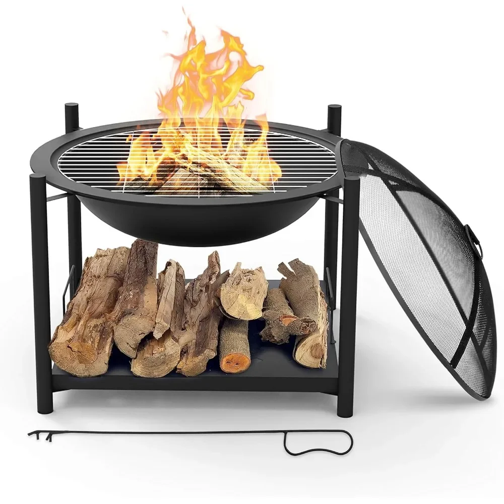 XMSJ Portable Outdoor Wood Fire Pit - 2-in-1 Steel BBQ Grill 26