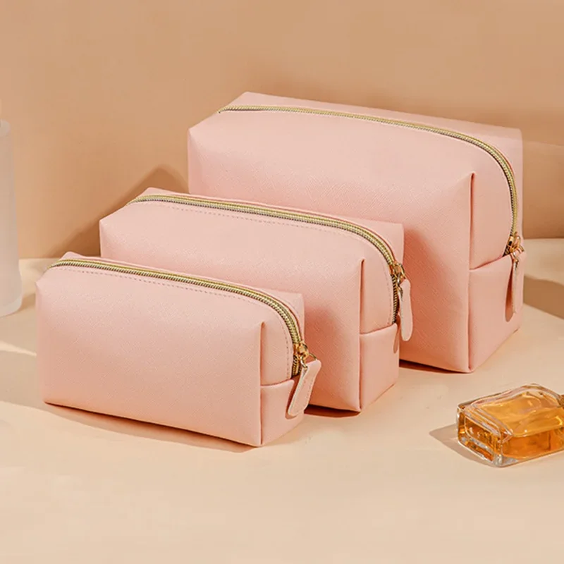 Travel Portable Wash Toiletry Storage Bag Solid Color Makeup Pouch Women Cosmetic Bag Waterproof PU Leather Organizer Purse