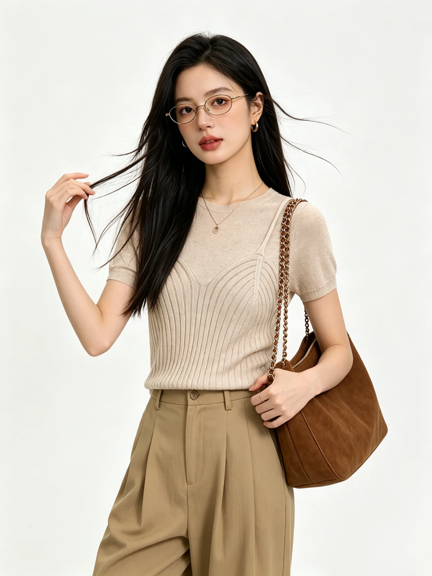 Skin-friendly Knitted Short-sleeved T-shirt Casual Style Standard Fit Summer Breathable Soft Texture Korean Style Checkered P...
