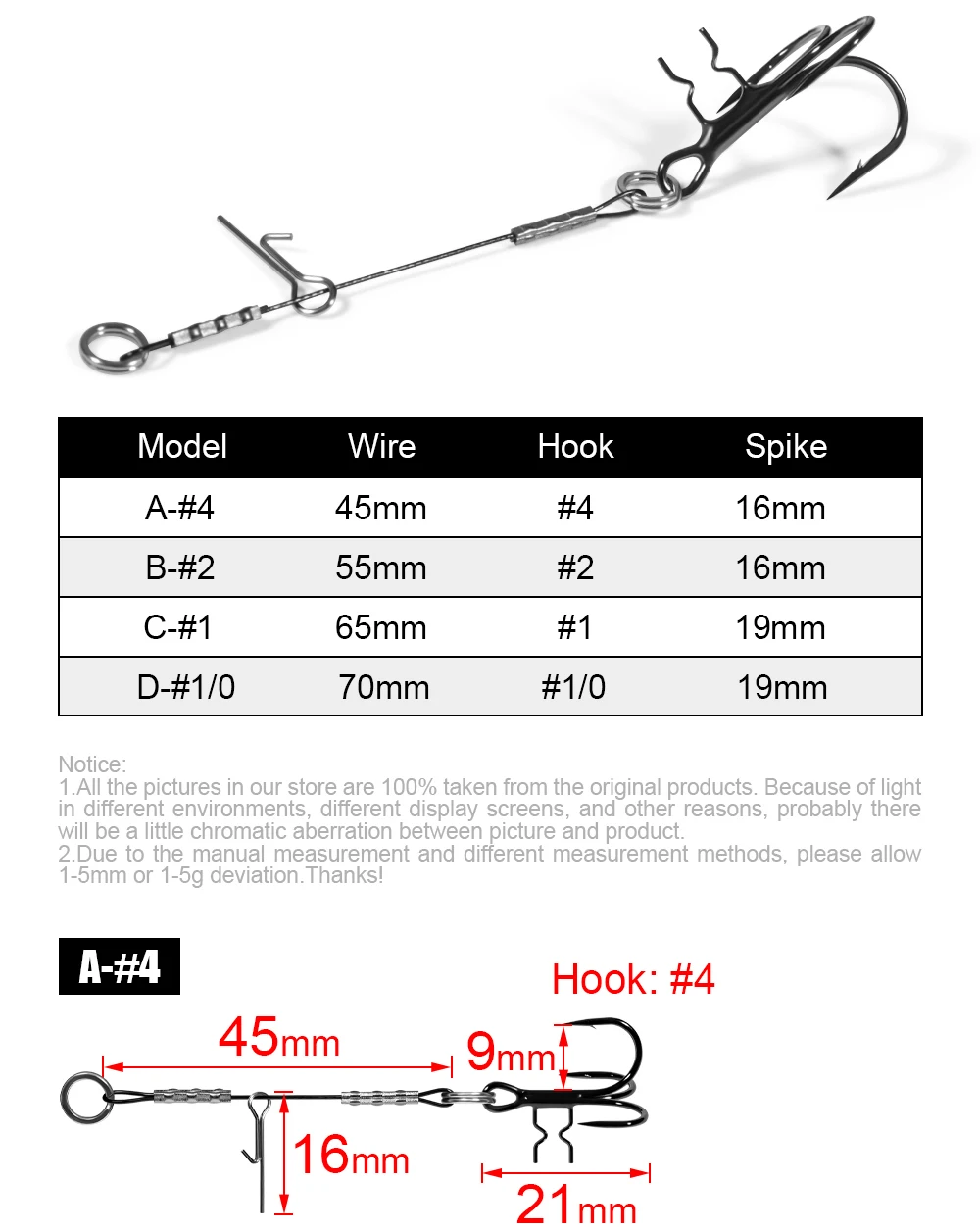 Palisander 3 Stück Strike Point Stinger Rig Hecht Angelzubehör Gummi Softbait Köder # 4 # 2 # 1 # 1/0 Wide Bend Belly Assist T-Haken – Detail 2