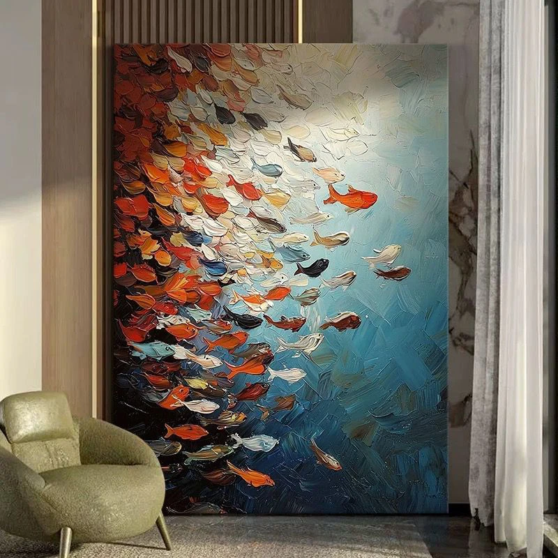 

Чистая акриловая картина маслом ручной работы на холсте, красочные рыбы в море, настенная картина для домашнего декора, настенный постер для гостиной