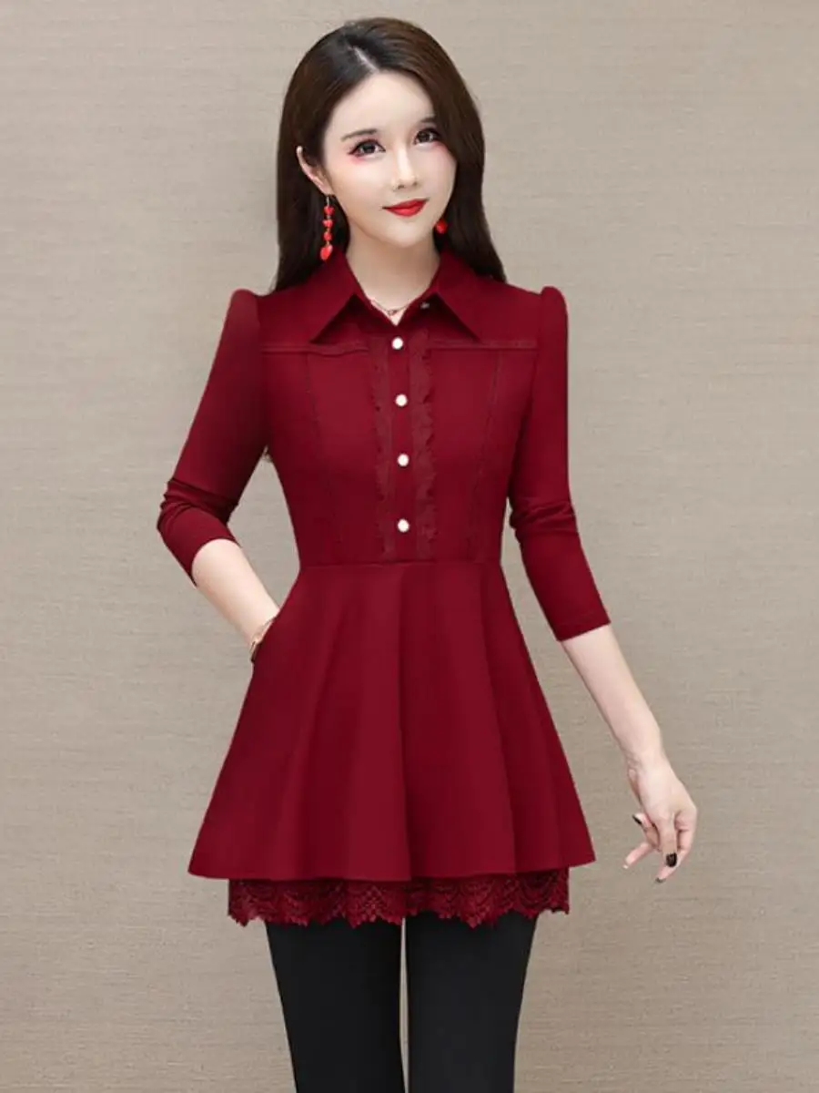 

Модная женская блузка с кружевной основой и пэчворком, скрывающая живот, роскошная, осенне-зимняя, новая, в корейском стиле, для повседневной носки, из кашемира.