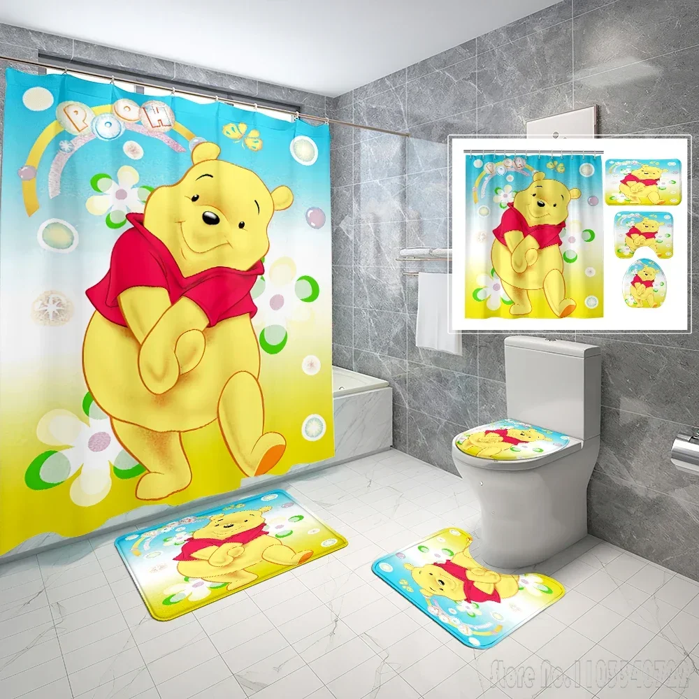  Film Winnie Bear the Pooh Bath Shower Curtain Set 4pcs with Hooks Cartoon Decor Bathroom Toilet Mat Lid