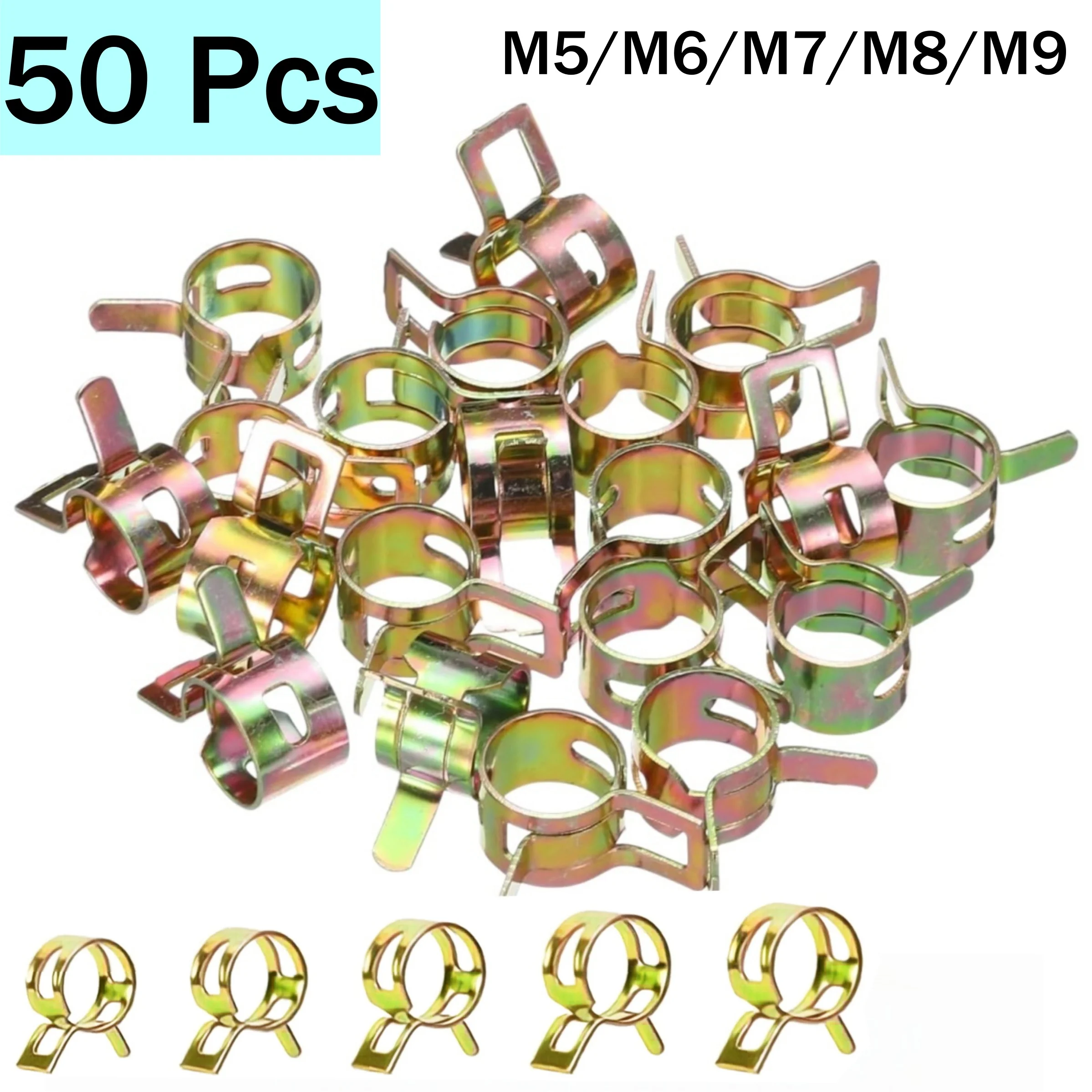 50 PCS Fastener 5mm 6mm 7mm 8mm 9mm Spring Band Clips Fuel Water Line Hose Pipe Air Tube Clamps 65MN Steel Galvanized