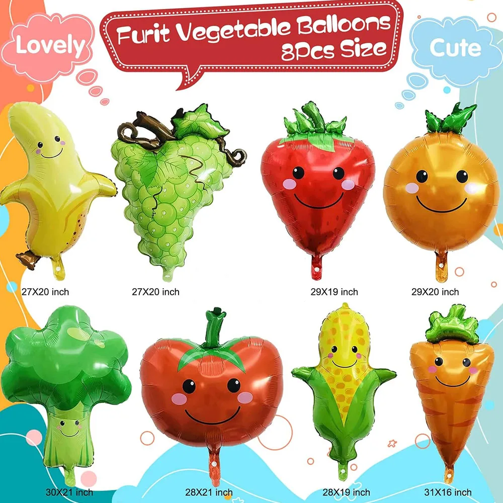 8Pcs Fruit Vegetable Balloons Strawberry Grape Banana Orange Corn Carrot Tomato Broccoli Balloons for Fruit Themed Party Decor