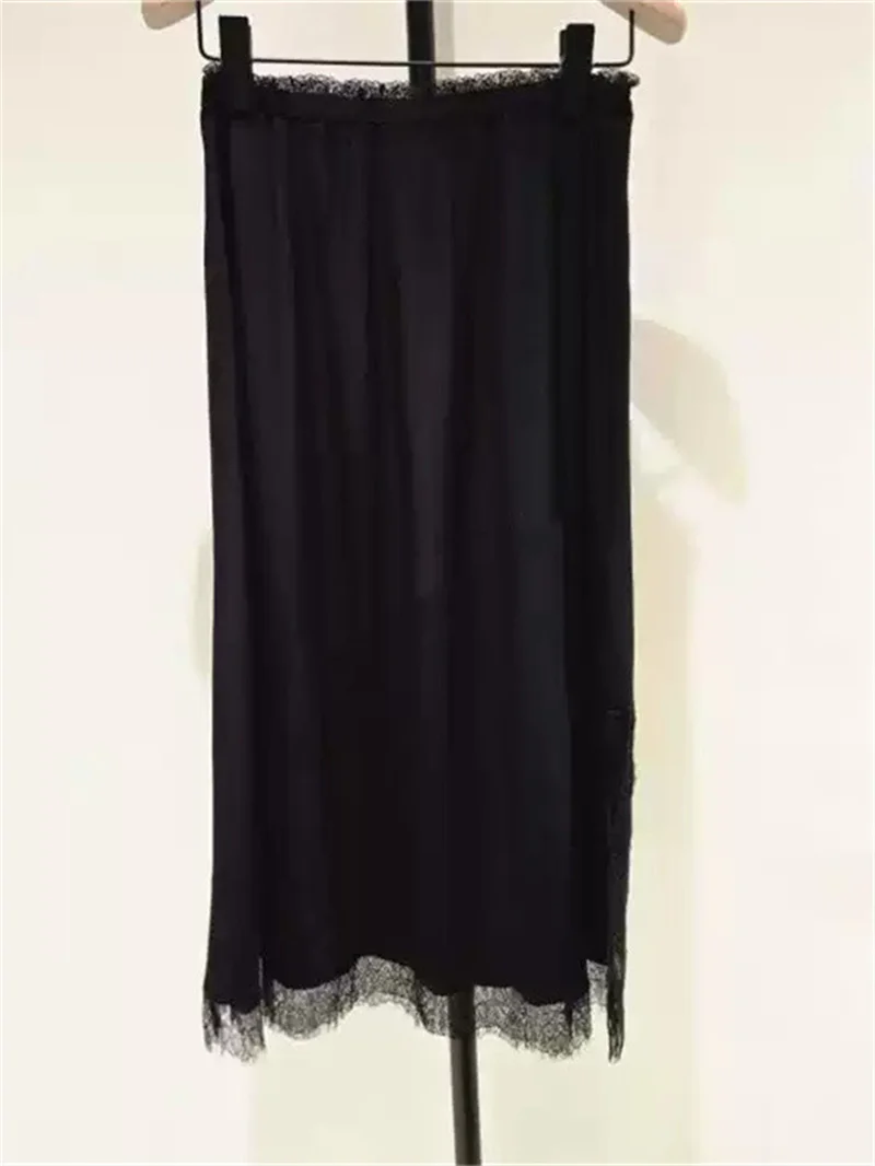 Side Slit Women's 100% Viscose Midi Skirt Elastic Waist Lace Splice Fashion 2026 Early Autumn Long Jupe for Female