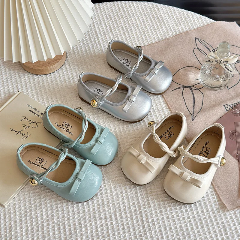 

Girls Leather Shoes Round Toes Simple Bow Kids Princess Shoes Candy Color 2025 New Girls Flat Shoes Non-slip Soft Dance Wedding
