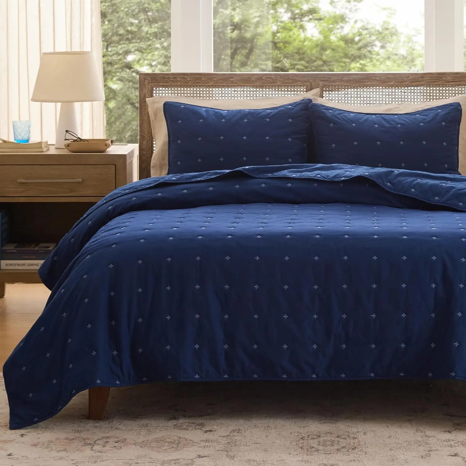 

Cotton Quilt Set Queen Size - Lightweight Bedspread with Clover Stitch, 3-Piece Coverlet with 2 Pillow Shams, Navy Blue 90x96