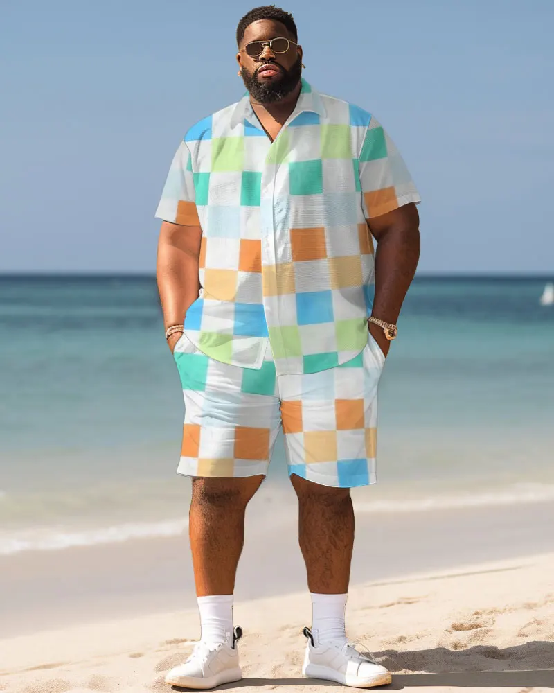 Biggmans Shirt Plus Size Set L-9Xl for Summer Beach Clothing Oversize Hawaii Suit Hawaiian Colorful Block Print Shorts 7XL 8XL