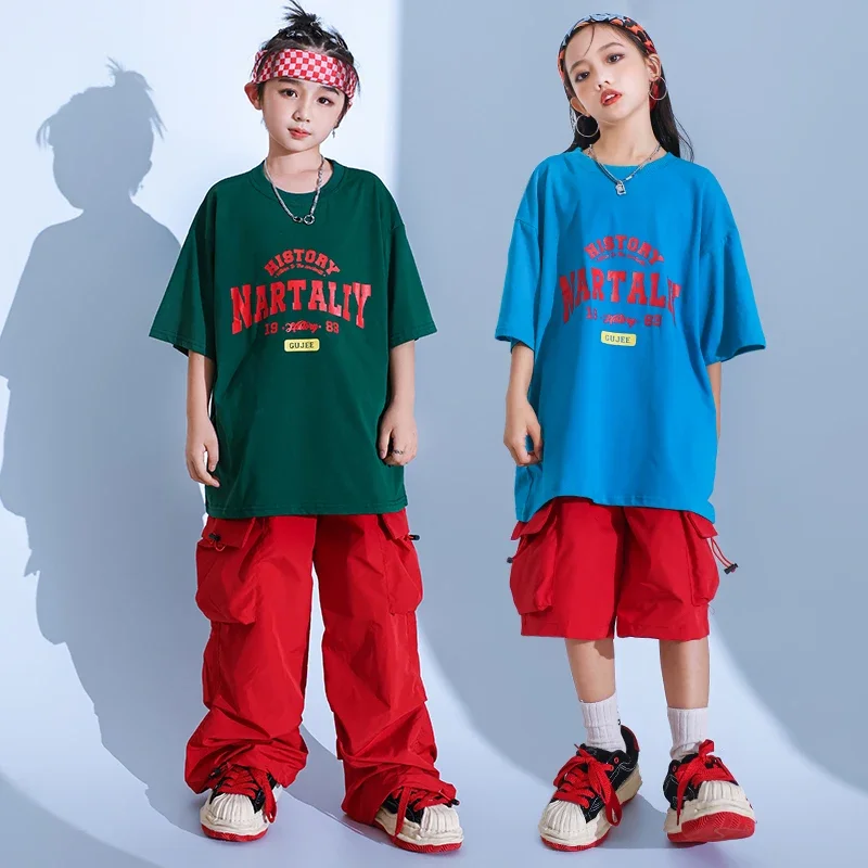 Street Dance Kids Jazz Costumes Clothes Sets Boys Hip Hop Pants Outfits Red Vest Cargo Pants Girls Streetwear Children Joggers