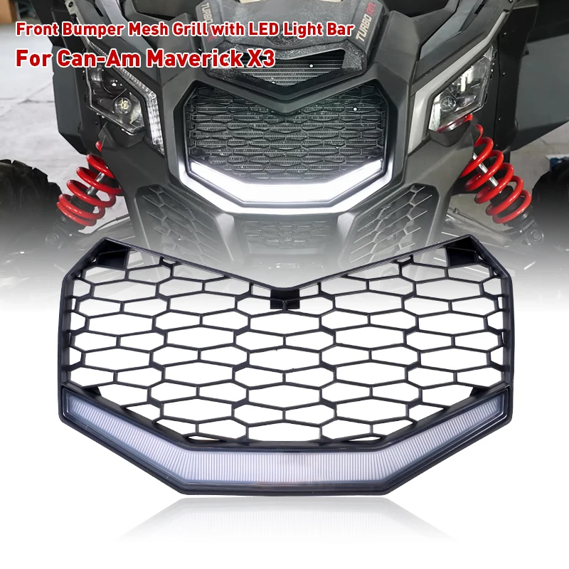 New Front Mesh Grille Grill With White LED Light For Can Am X3 Maverick