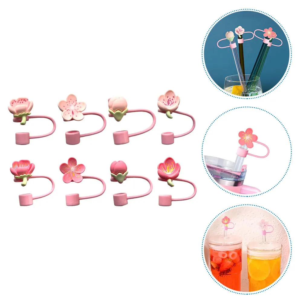 

8Pcs Peach Blossom Silicone Straw Toppers Reusable Drinking Tips Caps Home Office Decor Drinking Straw Toppers