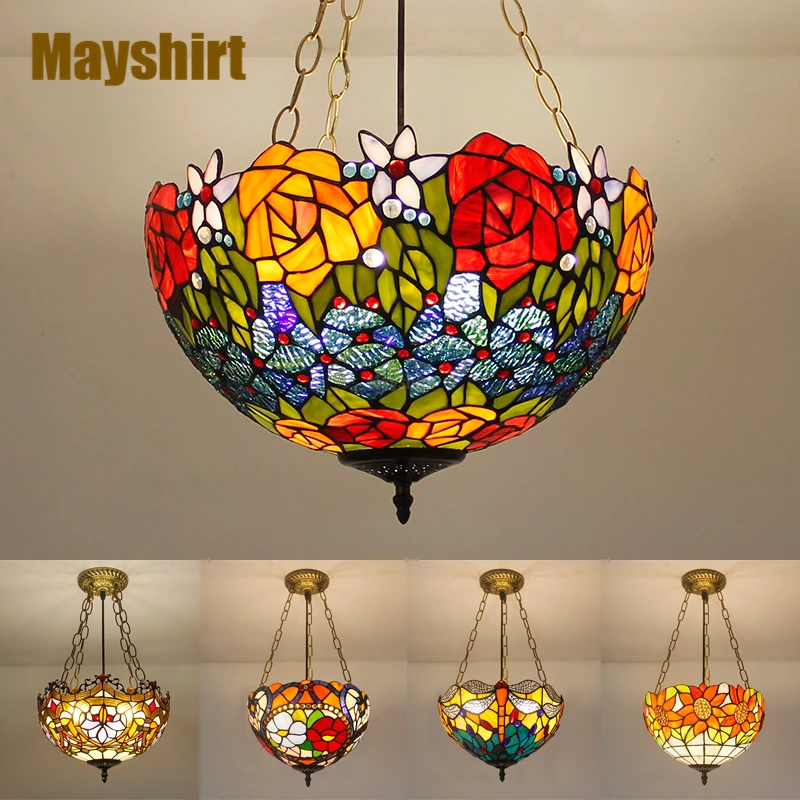 

Tiffany Stained Glass Pendant Lights Home Decor Mediterranean LED Hanging Lamp Living Room Ceiling Chandelier Lighting Fixtures