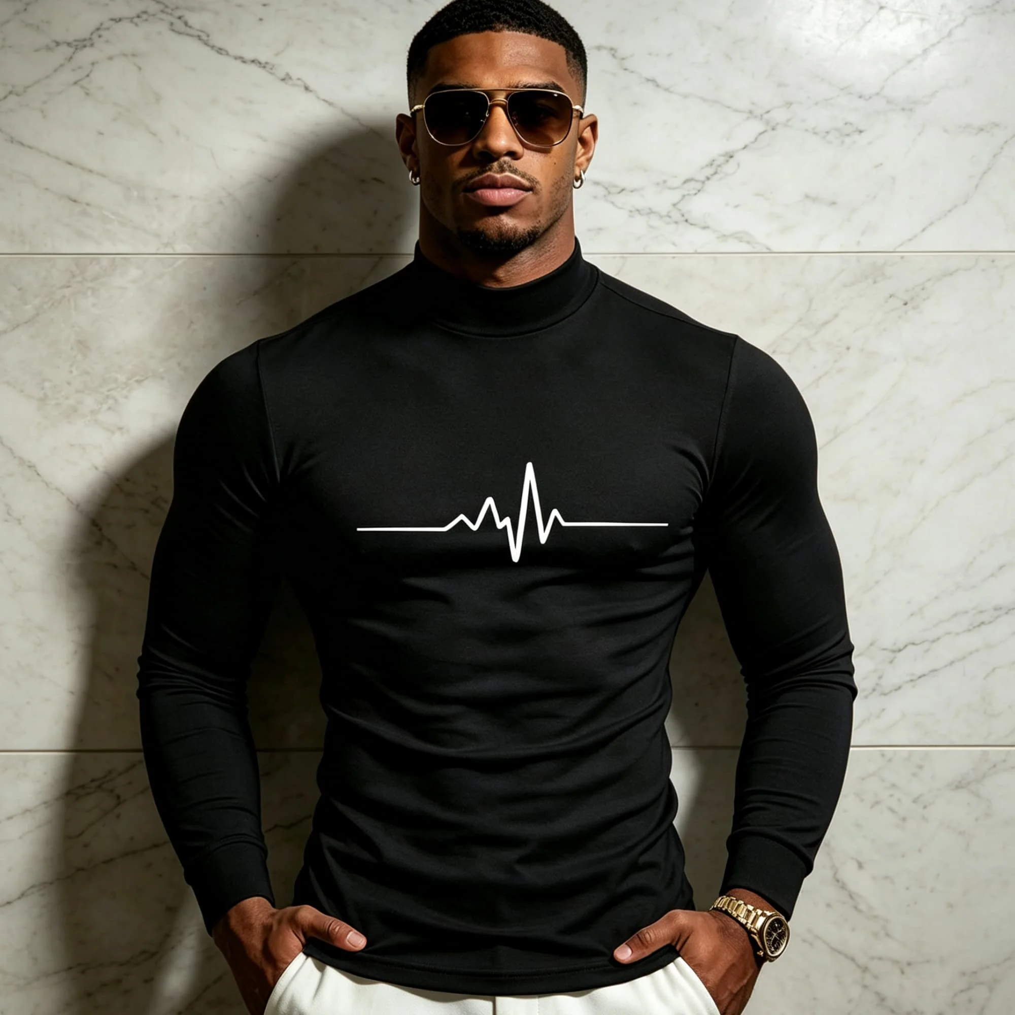Sleek Minimalist Mock Neck Shirt For Men Electrocardiogram Line Motif Versatile Layering Long Sleeve Tee