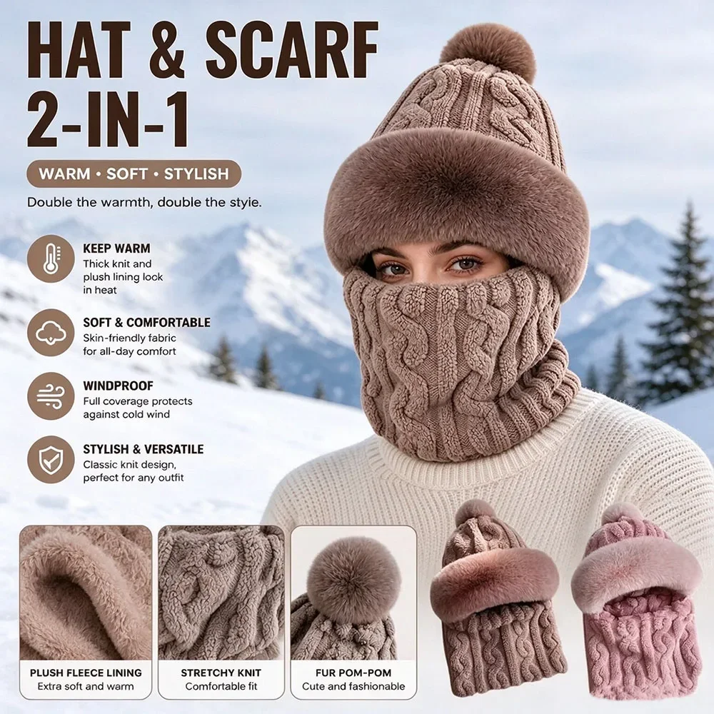 Women's Winter Scarf Hooded Hat Set Plush Neck Warm Outdoor Skiing Caps Windproof Thick Fluffy Beanies for Russia Climate