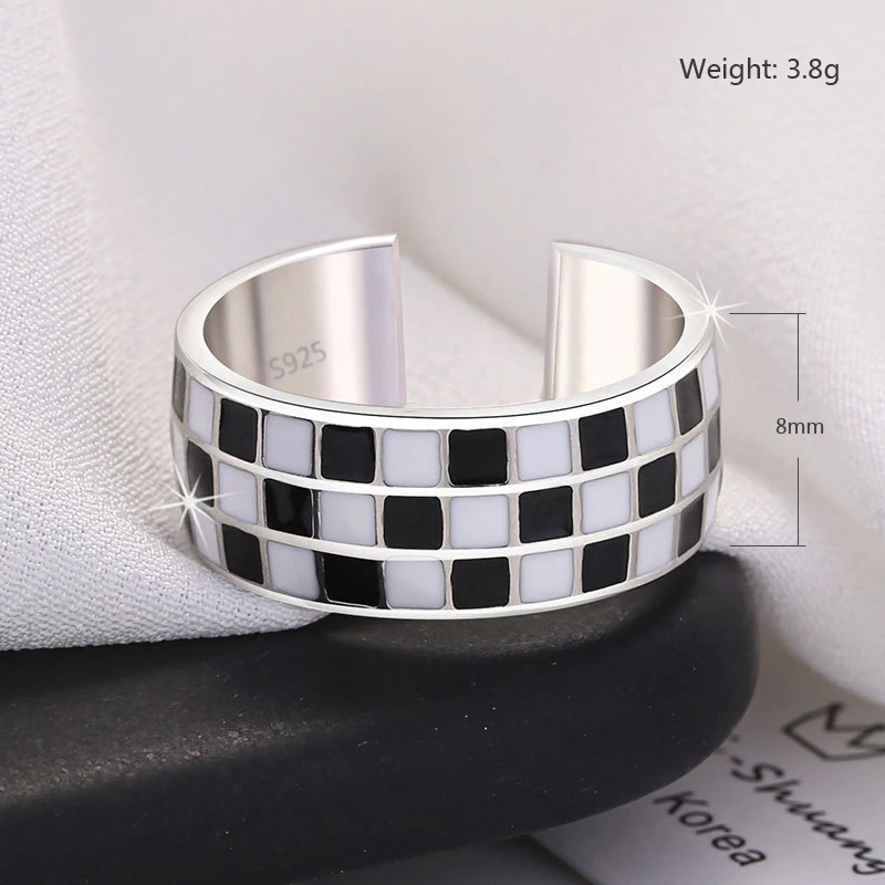 Women's 925 Sterling Silver Black Grid Adjustable Ring, Trendy