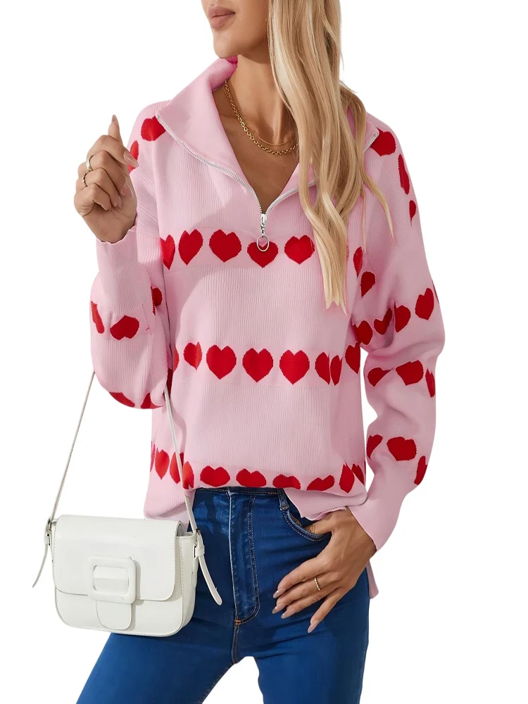 

New Autumn Winter Loose Heart Jacquard Half-zip Long-sleeved Women's Pullover Knitted Sweater, Casual Female Warm Knit Tops Y2k