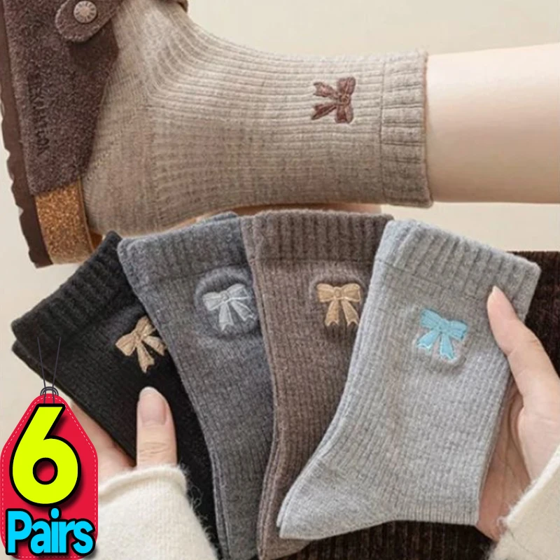 

Милые теплые носки до середины икры с бантом, осенне-зимние флисовые хлопковые носки в стиле ретро, уютные домашние дышащие удобные носки, женские эластичные носки