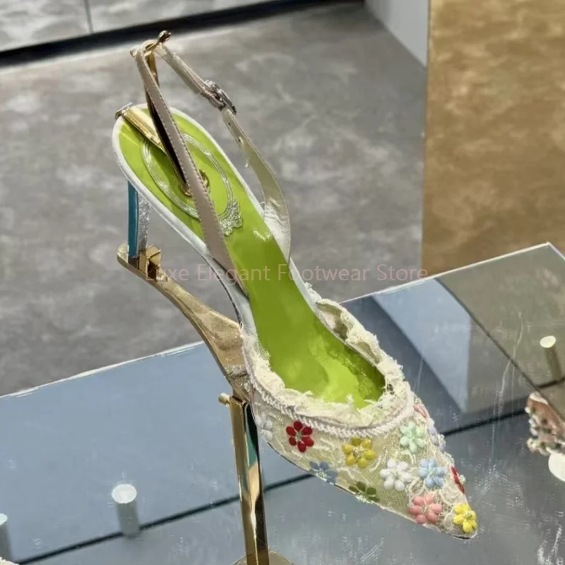 

Colorful Flower Mesh Lace Pointed Pumps Women Back Strap Stiletto Slingback High Heels Elegant Luxury Party Banquet Ladies Shoes