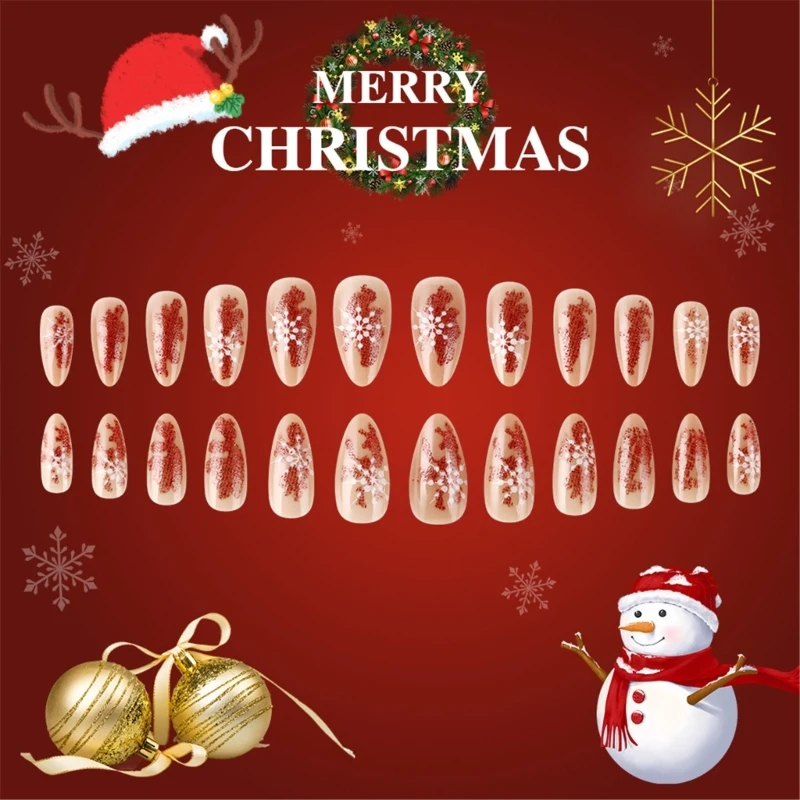 24pcs Christmas Acrylic Nails Almond Glitters Design Full Cover False Nails Glossy on for Women