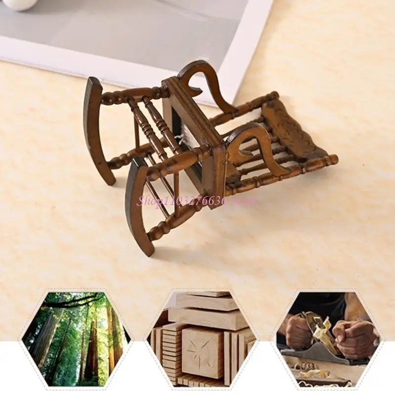 R6FD Small Wooden Rocking Chair Model Figurine Dollhouses Scene Decoration 1/12 Scale Miniature Furniture Landscape Accessory