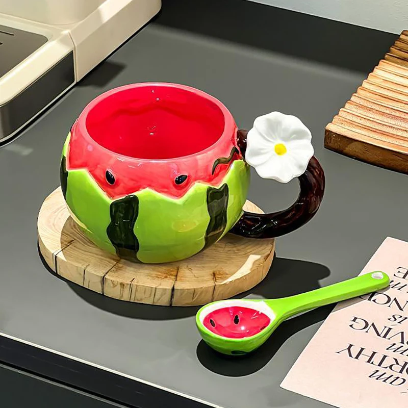 

350ML Creative Ceramic Watermelon Coffee Cup with Spoon Exquisite Afternoon Tea Flower Tea Coffee Cup Home Breakfast Milk Mug