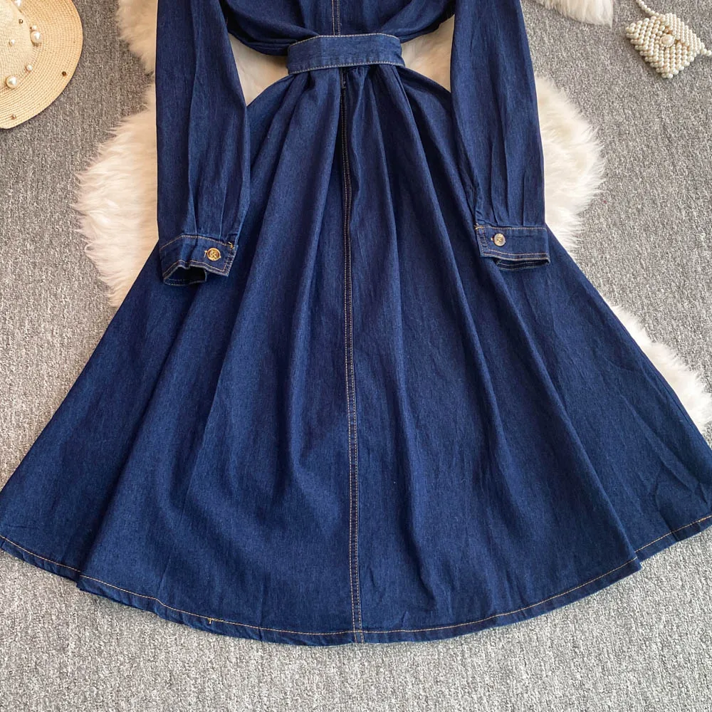 Women French Retro Long-sleeved Denim Dress Female Waist Slimming Temperament A-line Shirt Jeans Dress