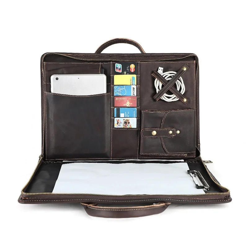 

Nesitu Highend Brown A4 Genuine Crazy Horse Leather 14'' 15.6'' Laptop Executive Men Briefcase Portfolio Document Bag M2220