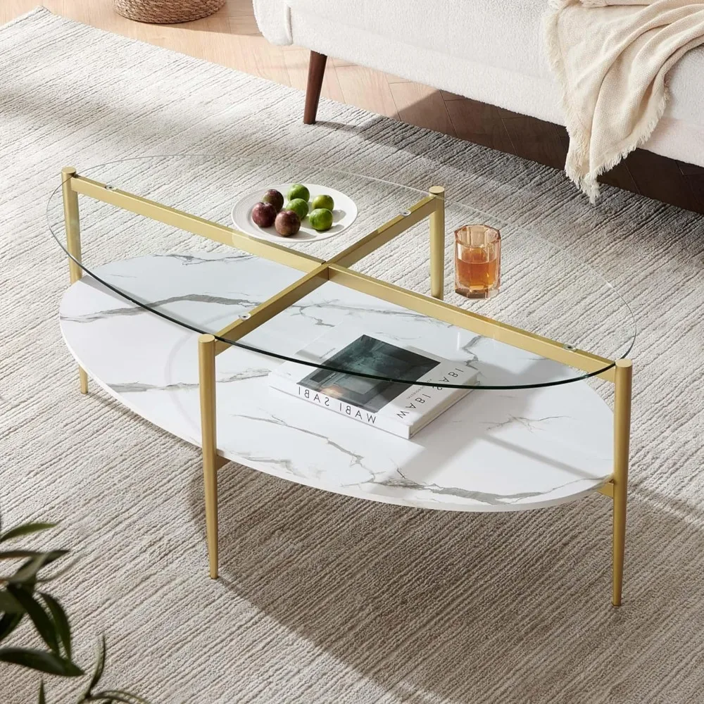 

Oval Glass Coffee Table, Mid-Century Modern Design, L43 x W22 x H17 inch, Surfboard Shaped Clear Glass Top and White Marble Fini