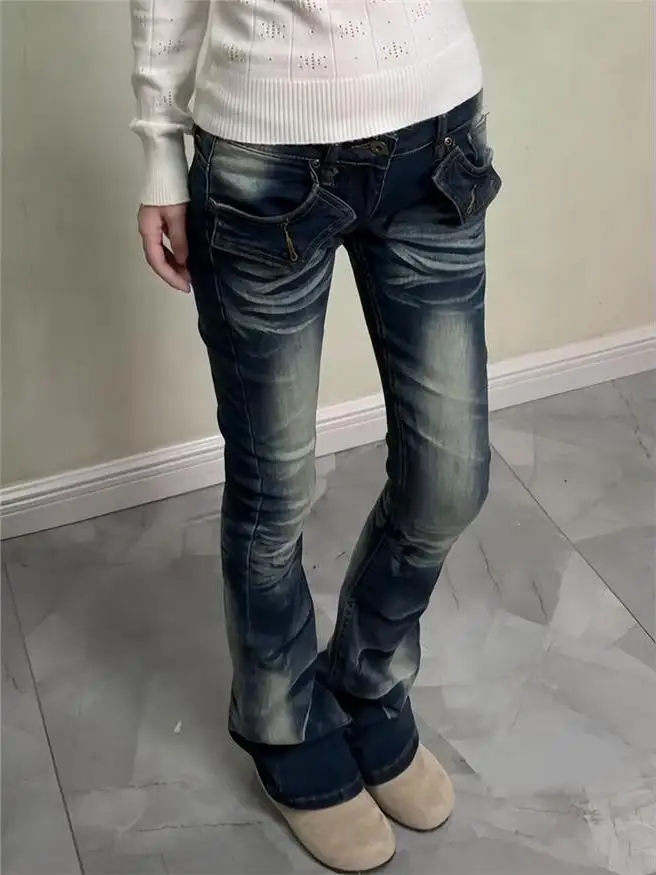 Retro American Low Waist Bell Bot Jeans Women's Autumn Winter Slimming High Street Design Sensation Slimming Flared Pants