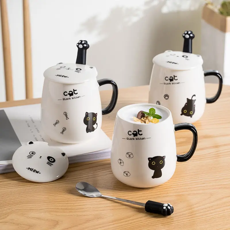 

450ml Simple and Creative Cartoon Cat Ceramic Mug Home High Beauty Breakfast Cup with Lid Coffee Cup Lovely Couple Cup