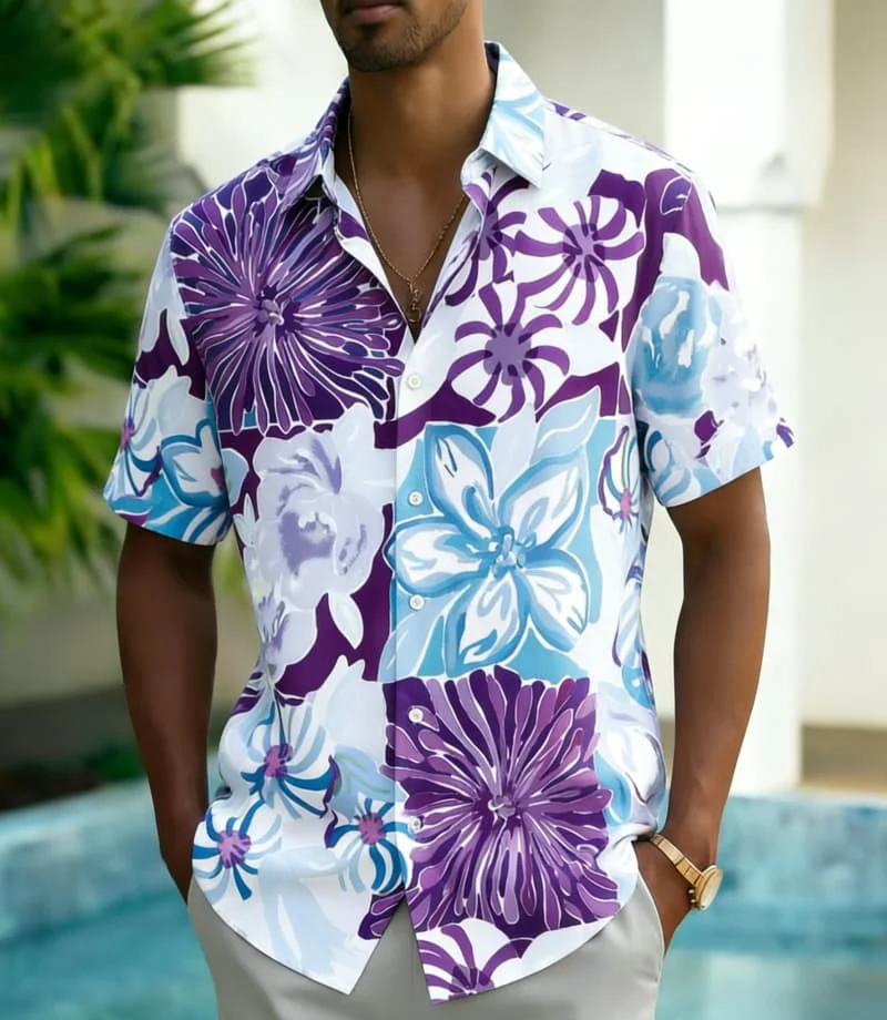 

Мужская рубашка с крупным цветочным принтом, экзотический гавайский дизайн для летнего отдыха, повседневной носки и уличного стиля
