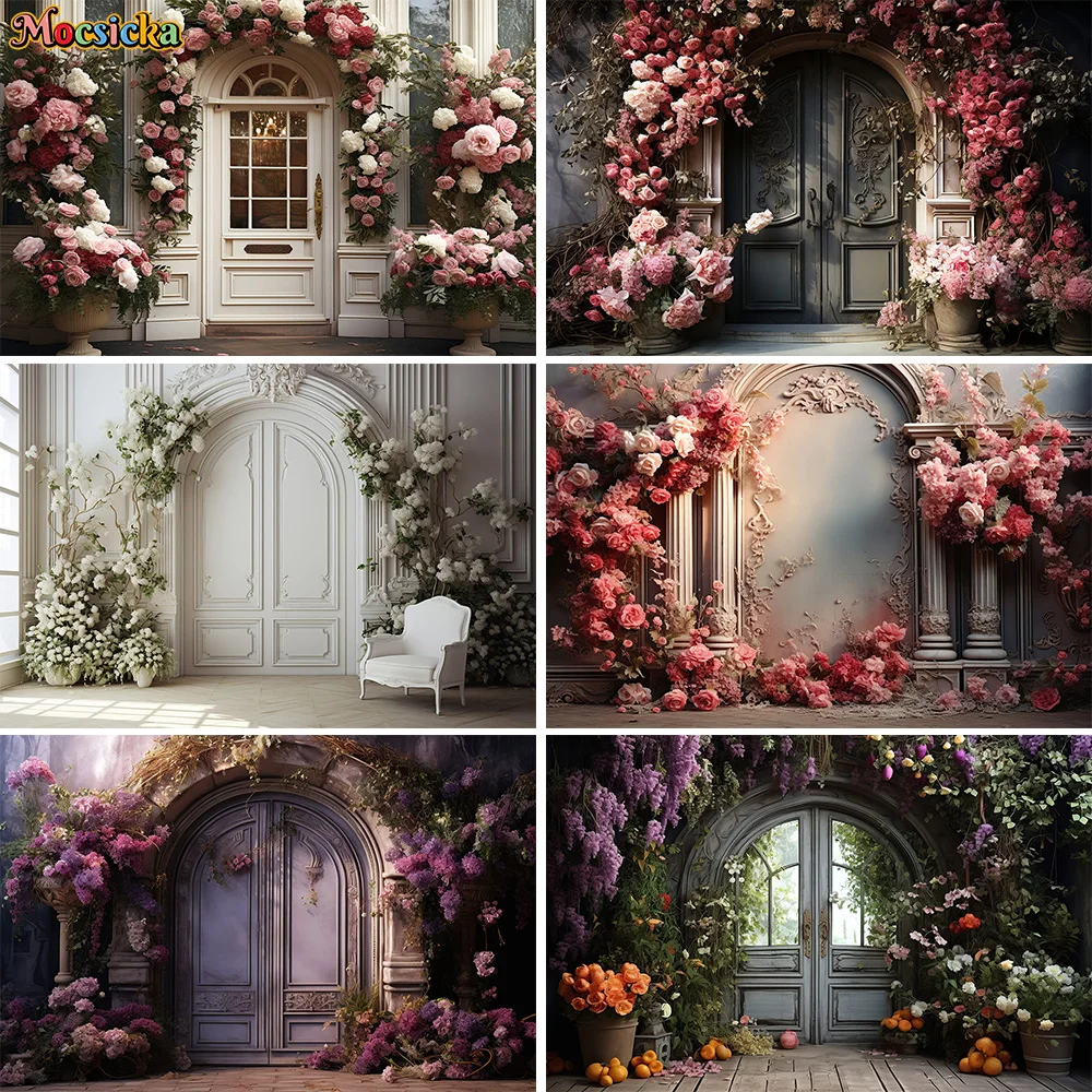 Wedding Flower Wall Photography Background Retro Arch Door Backdrop Booth Bride Show Girl Baby Birthday Party Wallpaper Studio