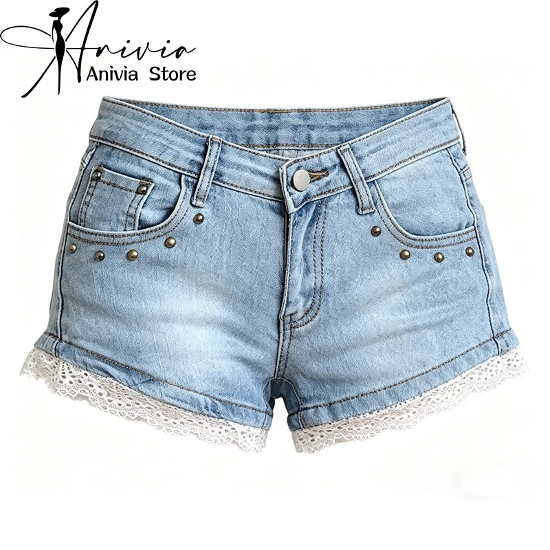 

Women's Blue Rhinestone Lace Trim Denim Short Pants Y2K American High Street 2000S Style Harajuku Fashion Retro Summer Shorts