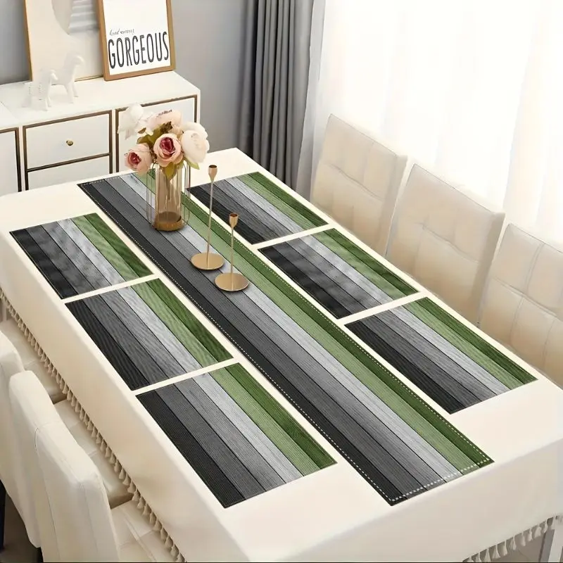Wooden Gradient INS Style Table Runner Placemats Set Waterproof Anti Slip Washable Kitchen Dining Table Mat Decor