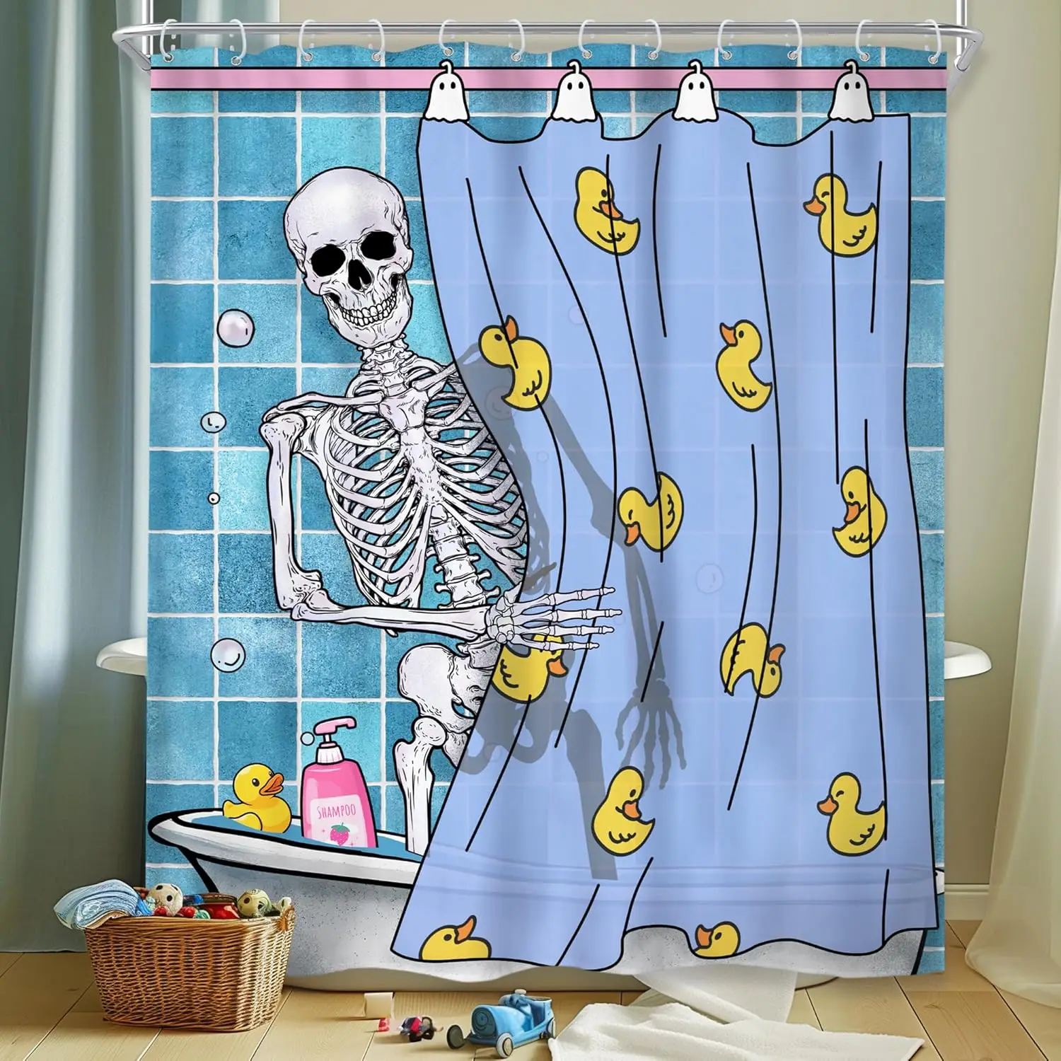 Riyidecor Funny Gothic Skull Shower Curtain 60Wx72H Inch Kids Spooky Skeleton in Bathtub Bathing Rubber Duck Cool Hilarious