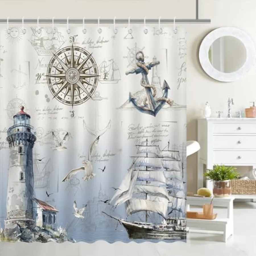 

Utical Saioat Занавеска для душа Lighthoe Компас Якорь Занавеска для душа для ванной комнаты Вертикальная прибрежная водонепроницаемая тканевая занавеска для душа Ba